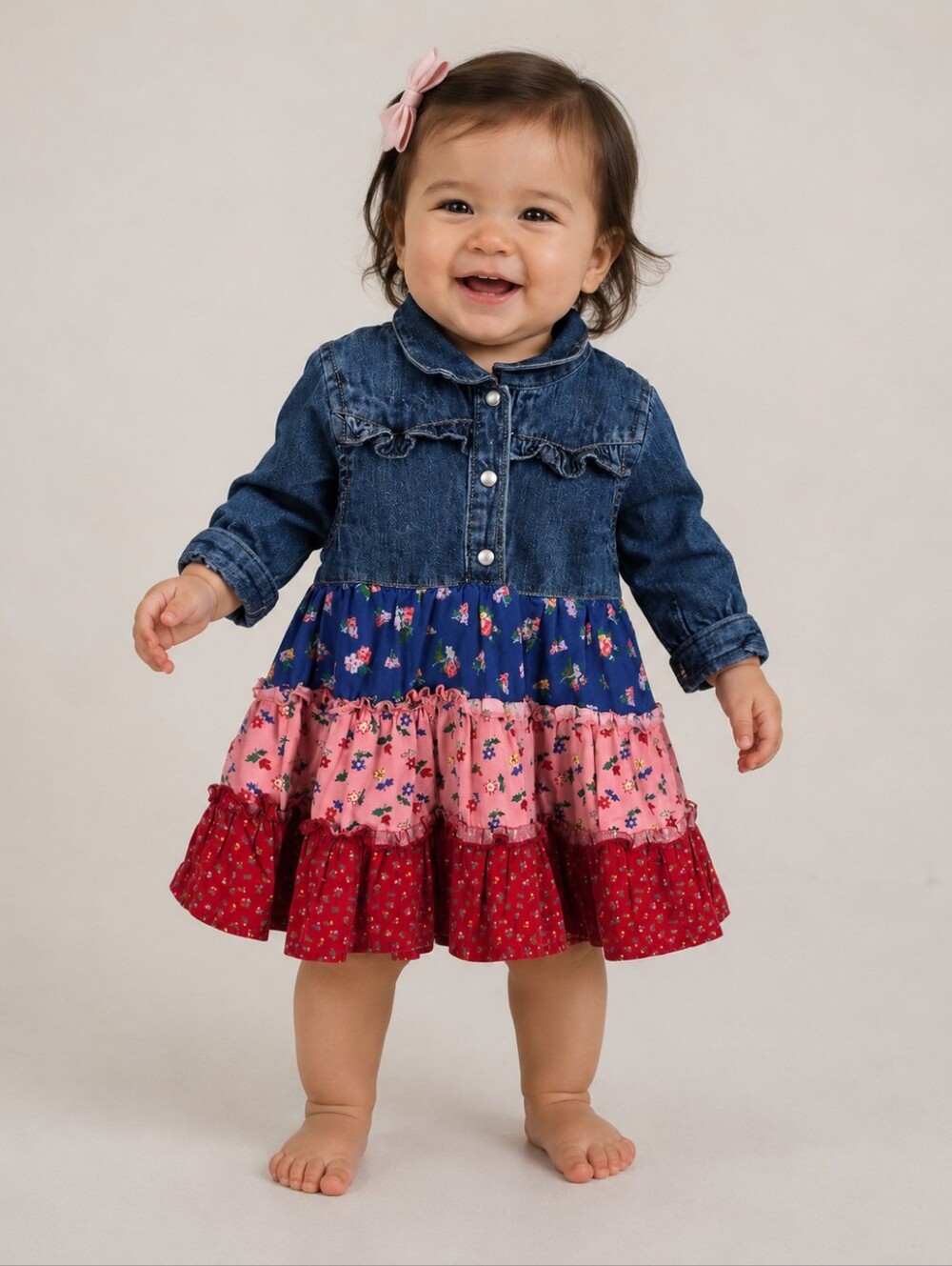 Vintage Y2K OshKosh B'gosh Denim Floral Tiered Dress Baby Girls 12 Months